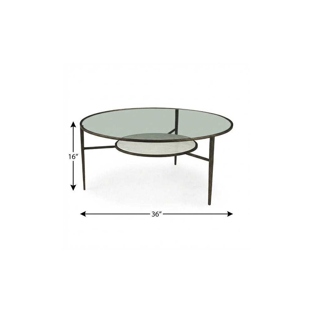 36" Clear and Bronze Glass and Metal Round Coffee Table With Shelf