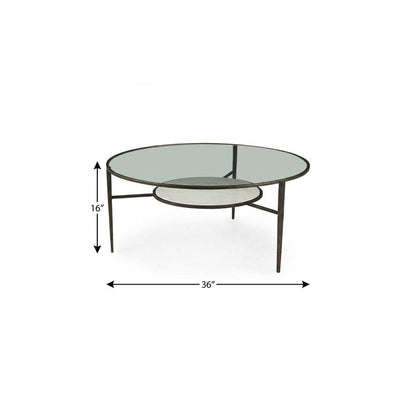 36" Clear and Bronze Glass and Metal Round Coffee Table With Shelf
