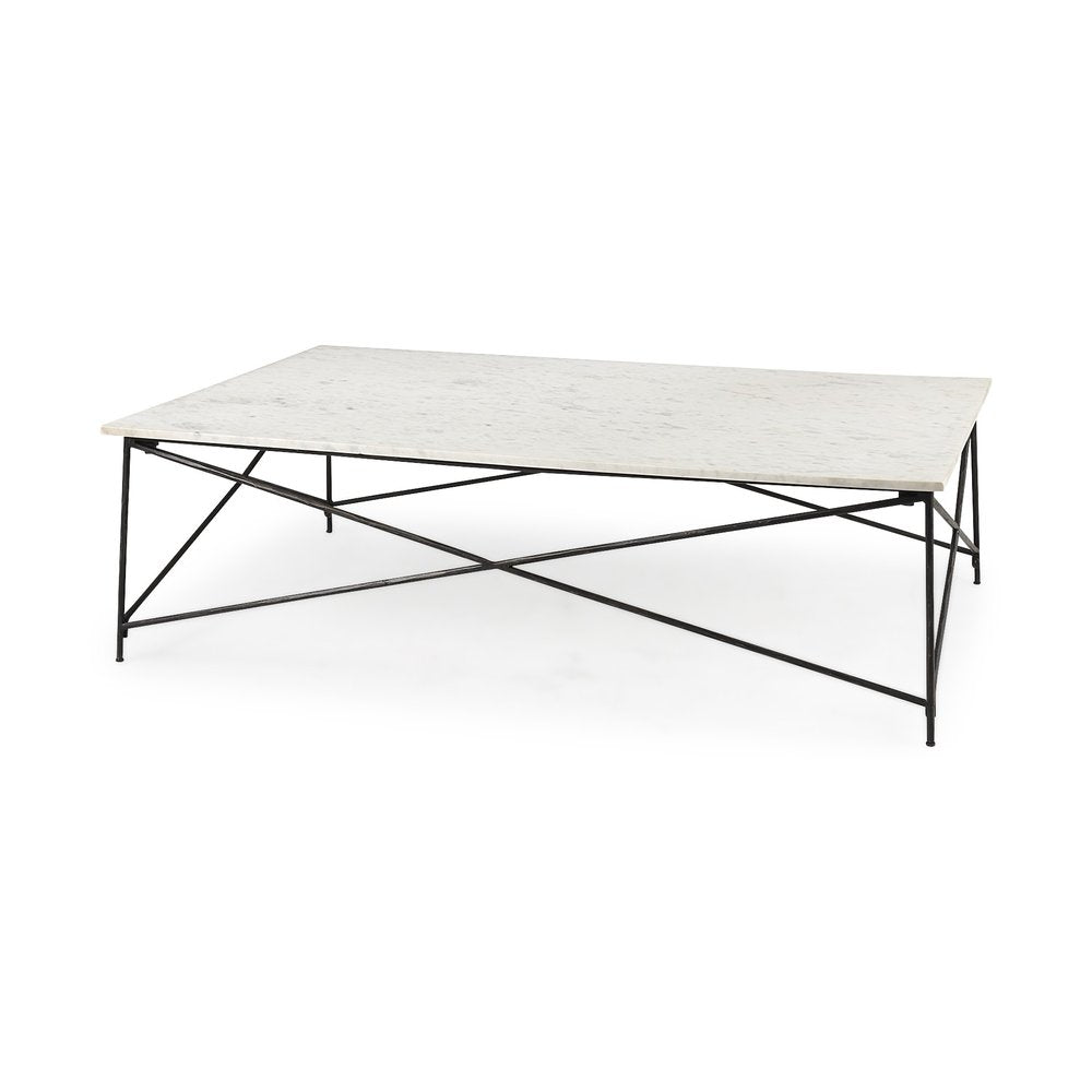 35" White Genuine Marble and Metal Coffee Table