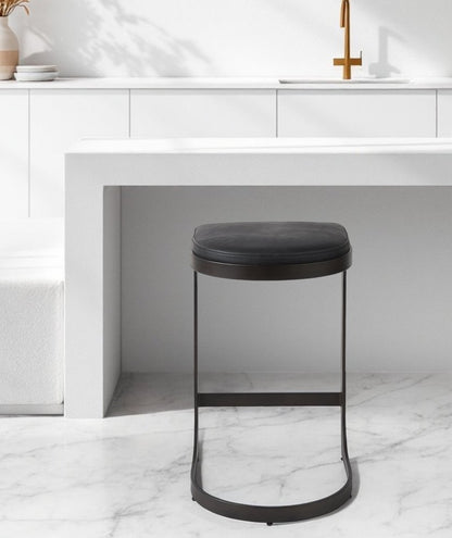 29" Black Faux Leather and Metal Backless Bar Chair
