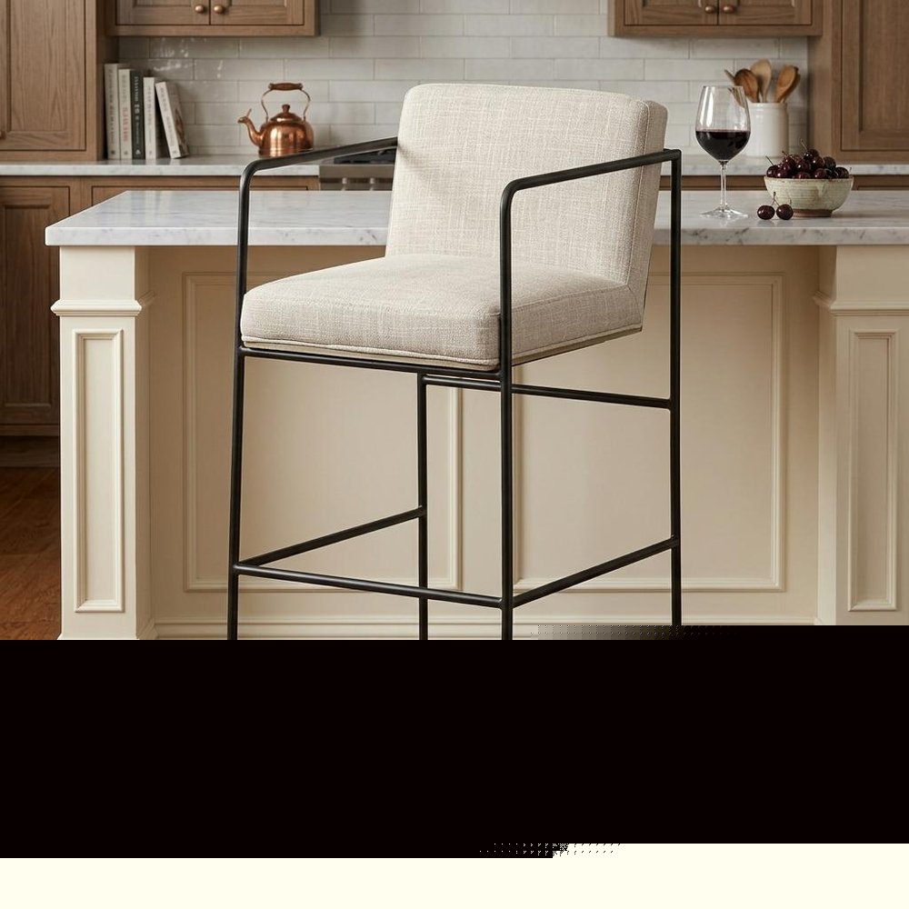 29" Beige and Black Fabric and Metal Counter Height Bar Chair