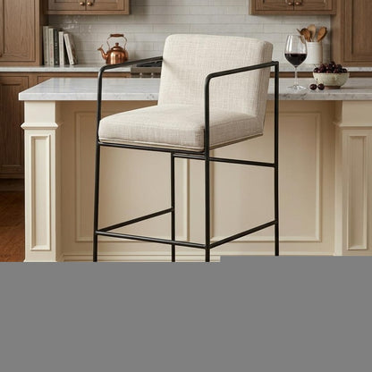 29" Beige and Black Fabric and Metal Counter Height Bar Chair