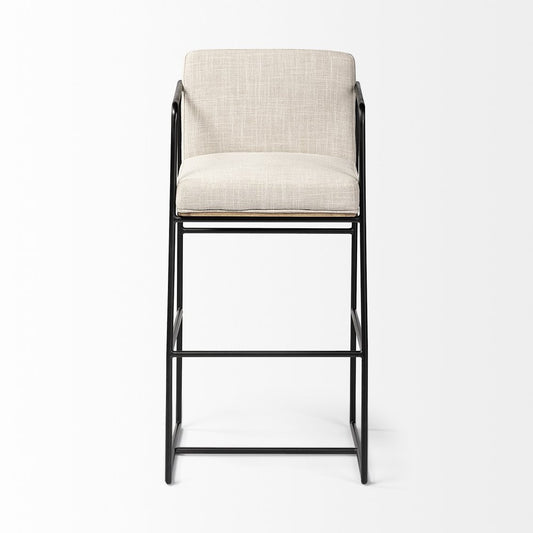 29" Beige and Black Fabric and Metal Counter Height Bar Chair