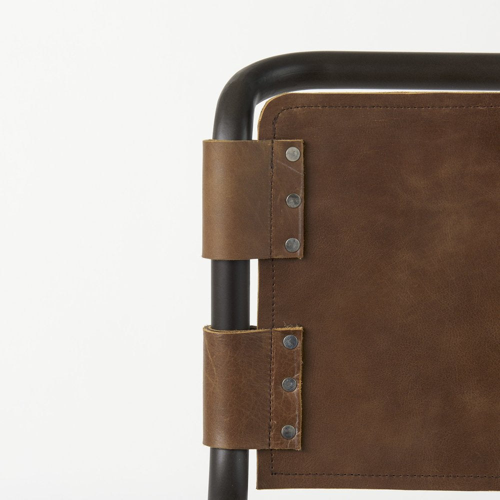 35" Brown and Black Leather and Metal Bar Chair