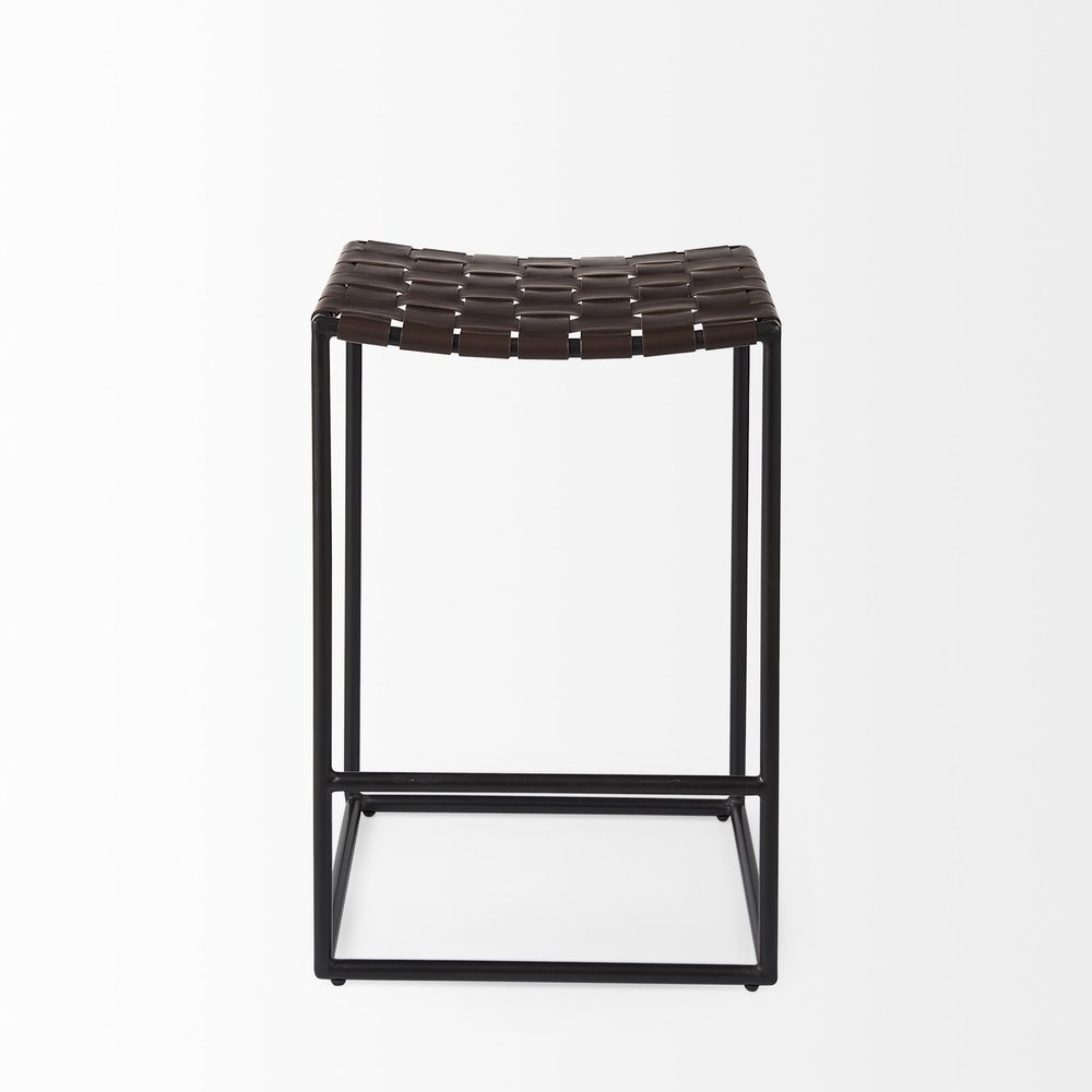 26" Brown And Black Leather And Iron Backless Counter Height Bar Chair
