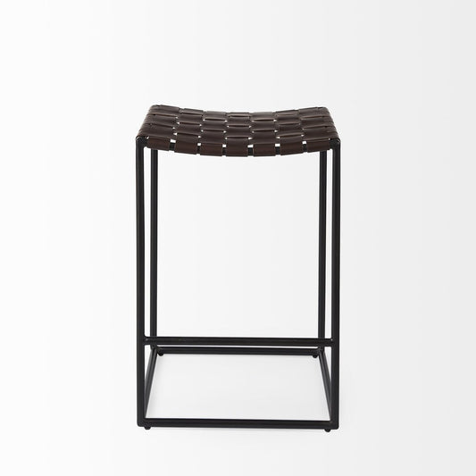 26" Brown And Black Leather And Iron Backless Counter Height Bar Chair