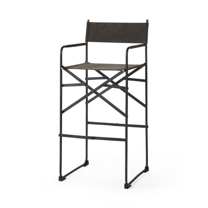 30" Brown And Black Leather And Metal Bar Chair