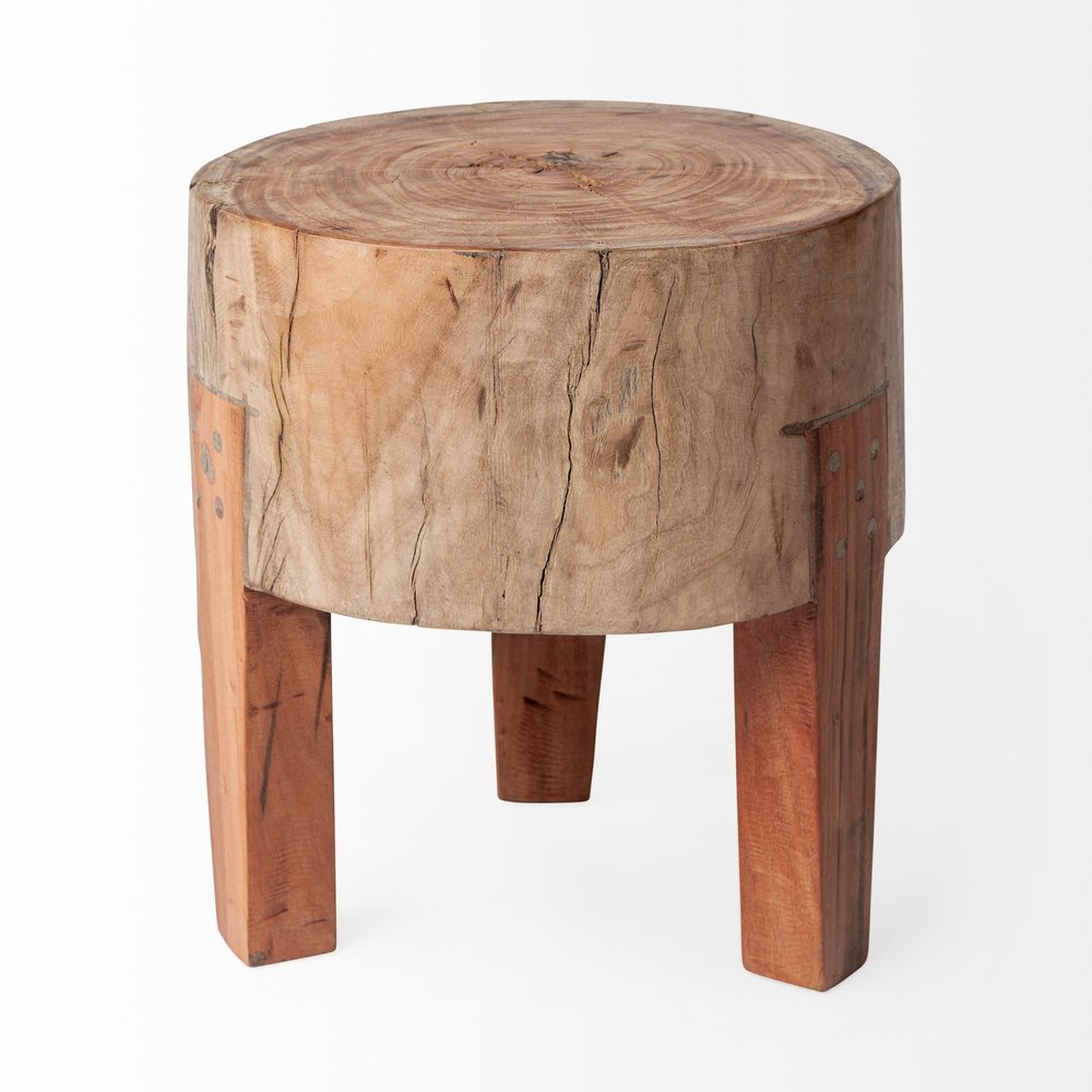 15" Natural And Brown Distressed Reclaimed Wood Round End Table