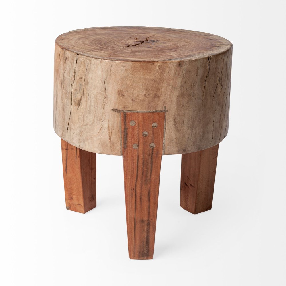 15" Natural And Brown Distressed Reclaimed Wood Round End Table