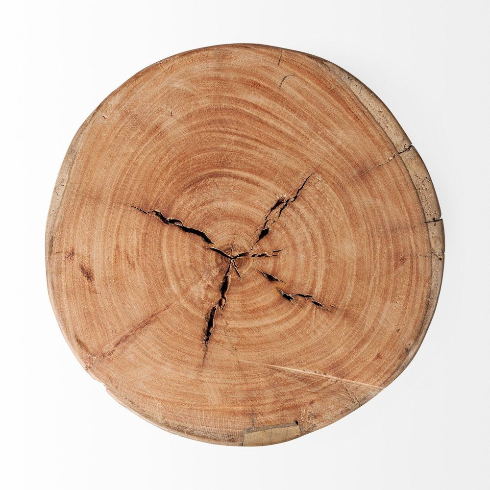 15" Natural And Brown Distressed Reclaimed Wood Round End Table