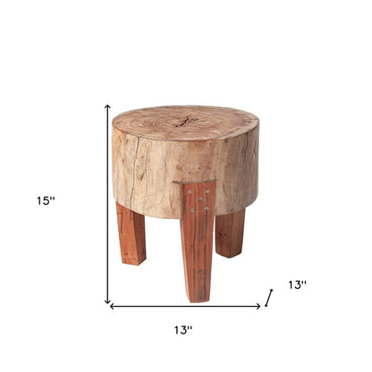 15" Natural And Brown Distressed Reclaimed Wood Round End Table
