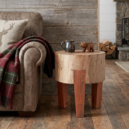 15" Natural And Brown Distressed Reclaimed Wood Round End Table