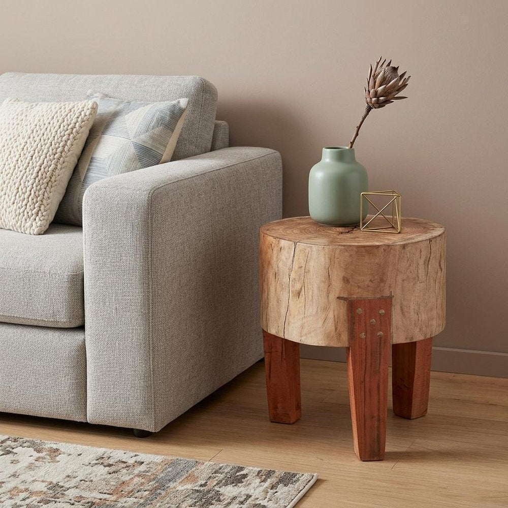 15" Natural And Brown Distressed Reclaimed Wood Round End Table
