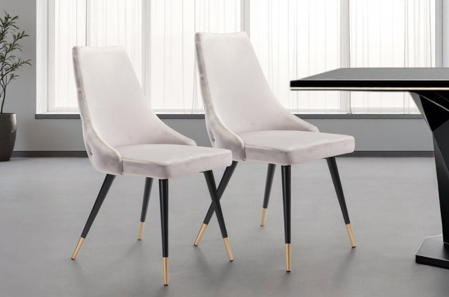 Set of Two Tufted Gray And Black Upholstered Velvet Windsor Back Dining Side Chairs