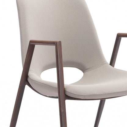 Set of Two Beige and Brown Upholstered Faux Leather Dining Arm Chairs