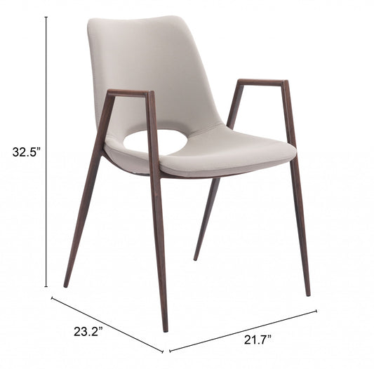 Set of Two Beige and Brown Upholstered Faux Leather Dining Arm Chairs