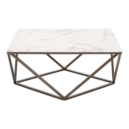 36" White and Antiqued Brass Faux Marble And Steel Square Abstract Coffee Table