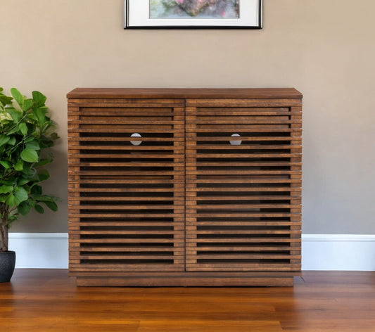 42" Walnut Wood Accent Cabinet With Three Shelves And Two Drawers