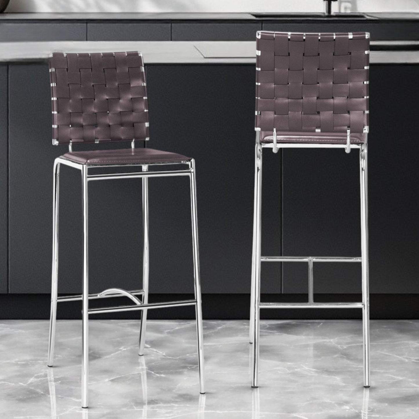 Set of Two 29" Espresso And Silver Steel Low Back Bar Height Bar Chairs