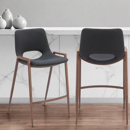 Set of Two 26" Black And Brown Steel Low Back Counter Height Bar Chairs