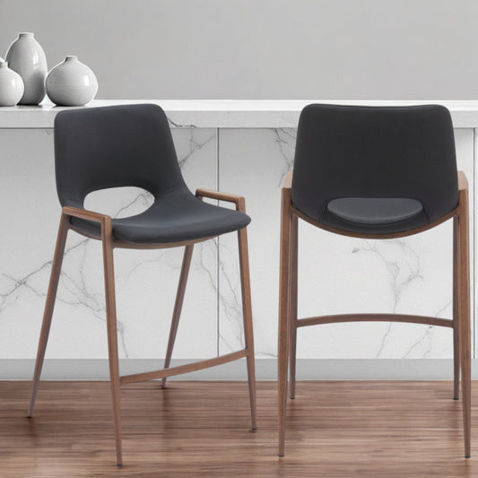 Set of Two 26" Black And Brown Steel Low Back Counter Height Bar Chairs