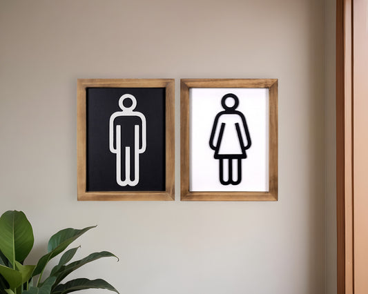 Set of Two Brown His and Hers Bathroom Wood Framed Wall Art