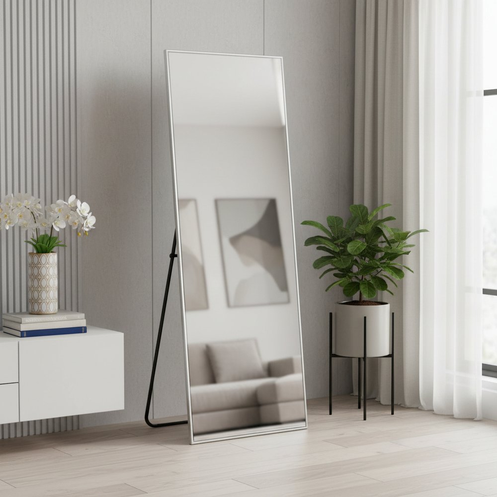 64" Silver Metal Wall Mounted And Freestanding Framed Accent Mirror