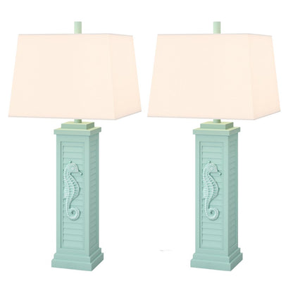 Set of Two 32" Turquoise Seahorse Shutter USB Table Lamps With White Shade