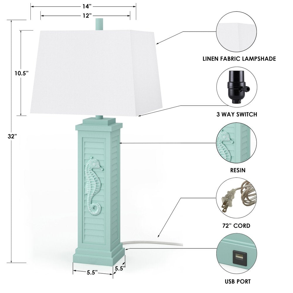 Set of Two 32" Turquoise Seahorse Shutter USB Table Lamps With White Shade