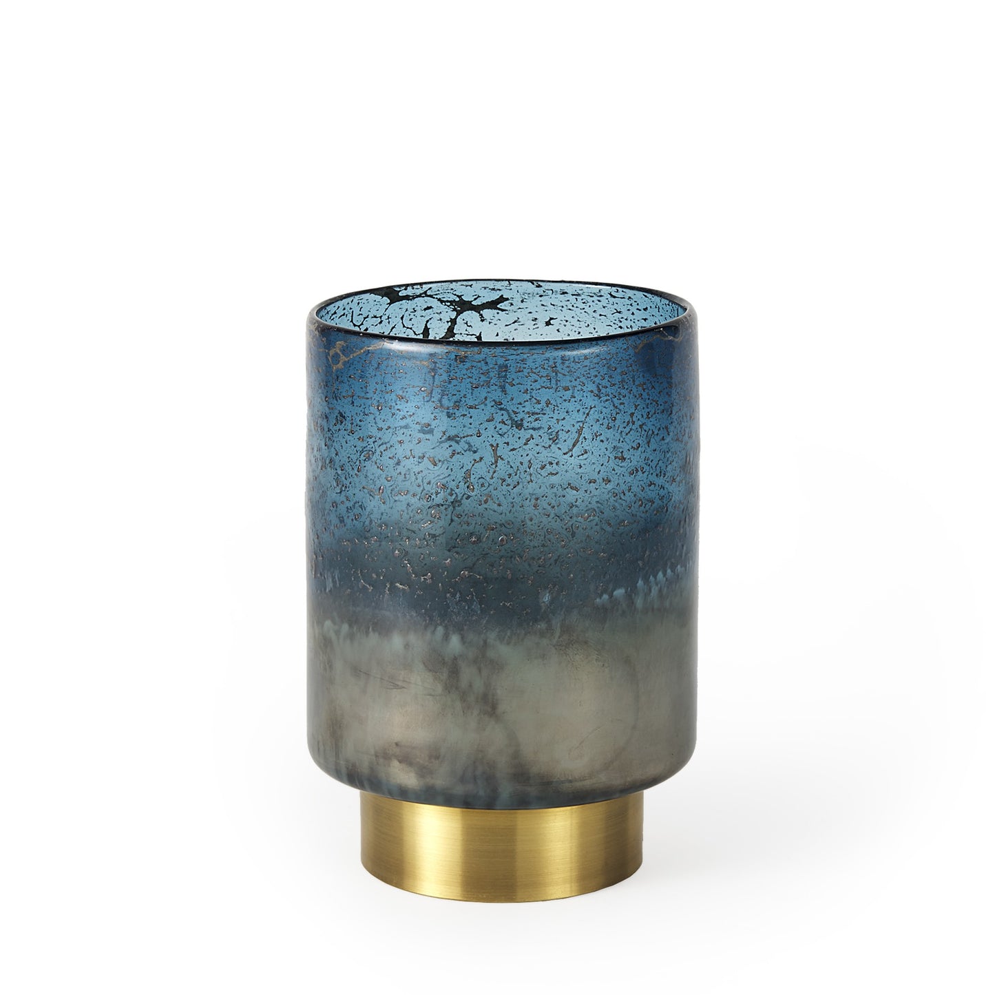 8" Blue And Gold Abstract Cylinder Crystal Glass Table Vase