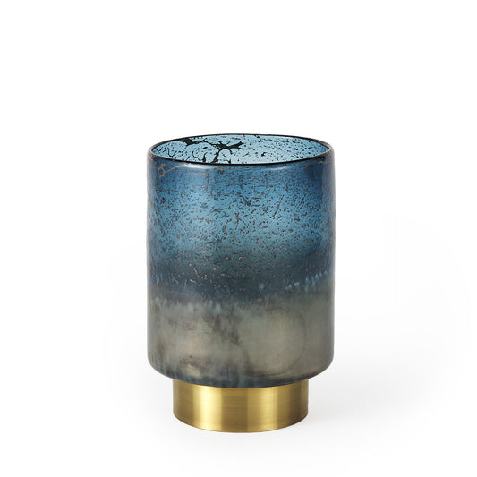 8" Blue And Gold Abstract Cylinder Crystal Glass Table Vase