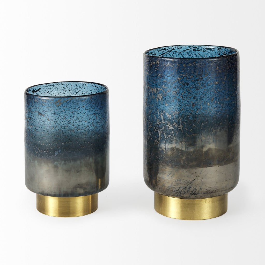 8" Blue And Gold Abstract Cylinder Crystal Glass Table Vase