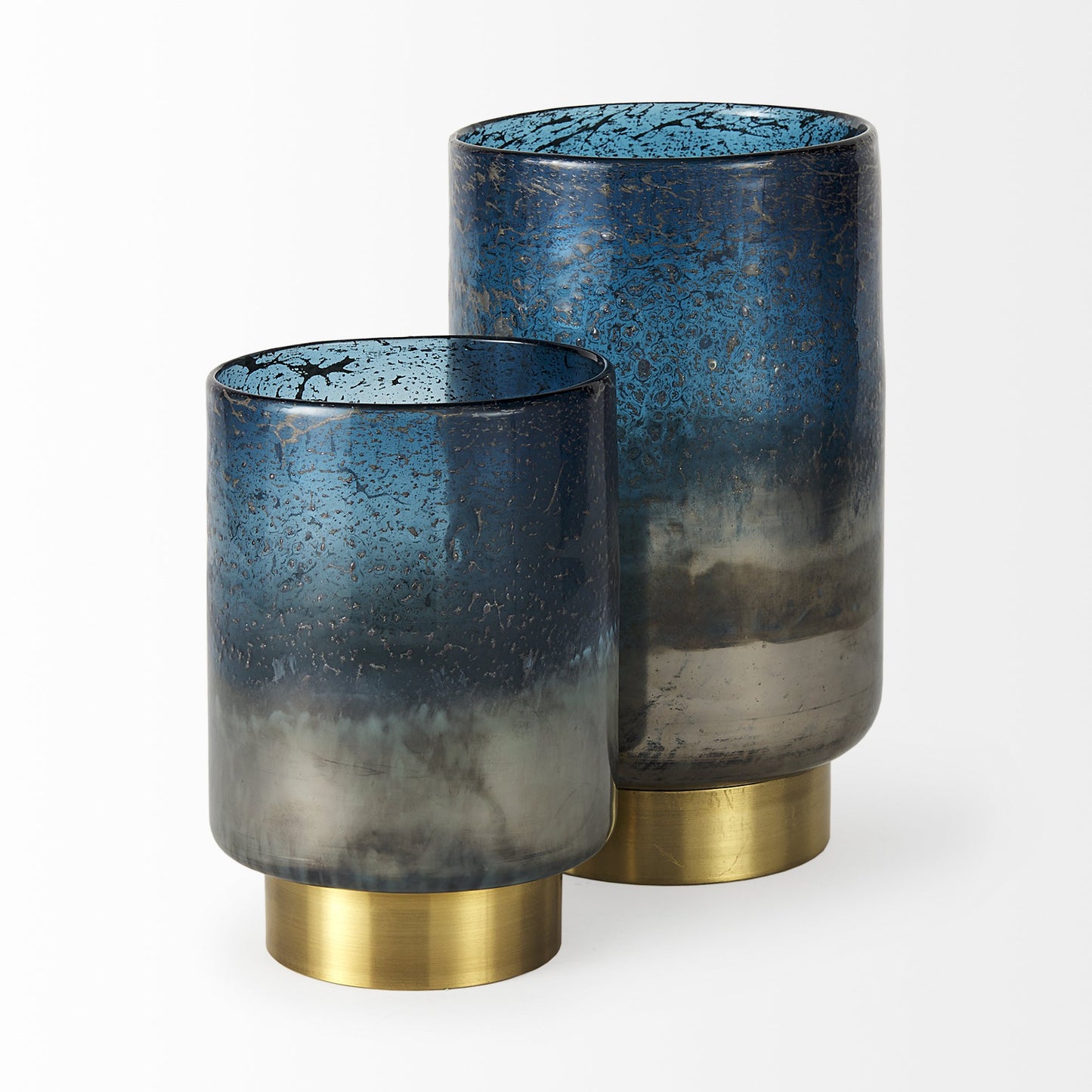 8" Blue And Gold Abstract Cylinder Crystal Glass Table Vase