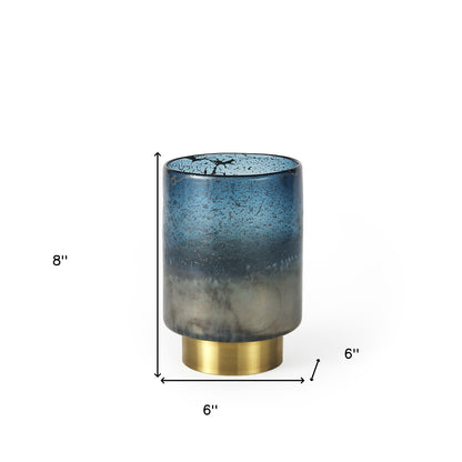 8" Blue And Gold Abstract Cylinder Crystal Glass Table Vase