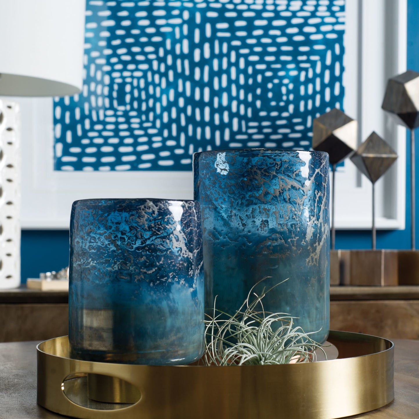 8" Blue And Gold Abstract Cylinder Crystal Glass Table Vase