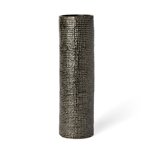 15" Black And Gold Abstract Cylinder Ceramic Table Vase