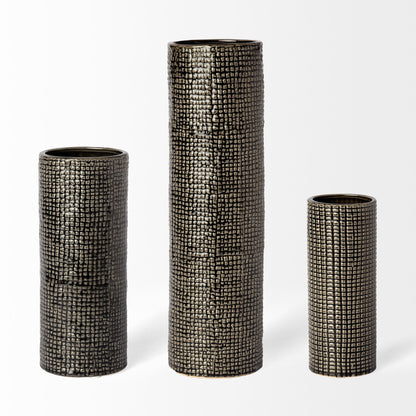 15" Black And Gold Abstract Cylinder Ceramic Table Vase