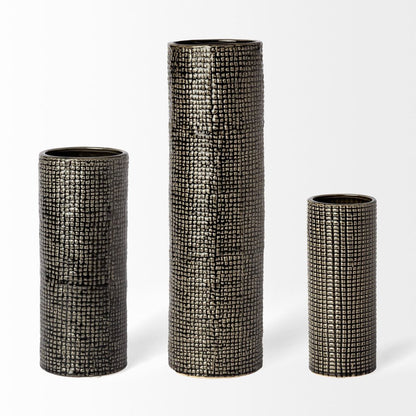 15" Black And Gold Abstract Cylinder Ceramic Table Vase
