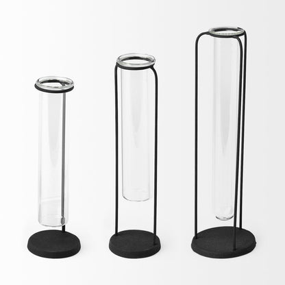 Set of Three Black Abstract Cylinder Metal Table Vase