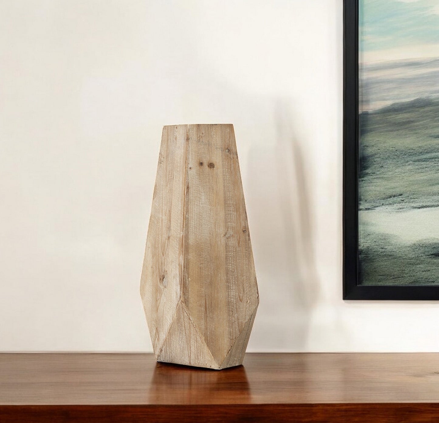 19" Natural Geometric Cylinder Solid Wood Table Vase