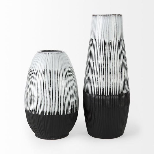 13" Black Gray And White Abstract Cylinder Ceramic Table Vase