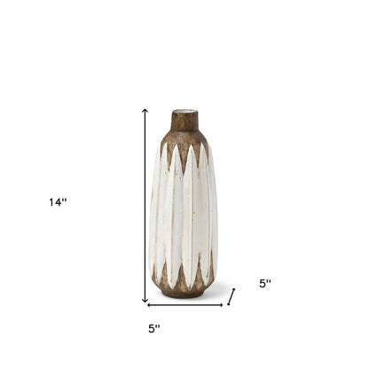 14" Brown And White Abstract Cylinder Ceramic Table Vase