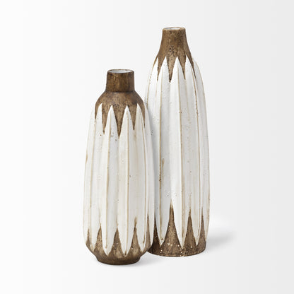 14" Brown And White Abstract Cylinder Ceramic Table Vase