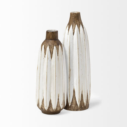 14" Brown And White Abstract Cylinder Ceramic Table Vase