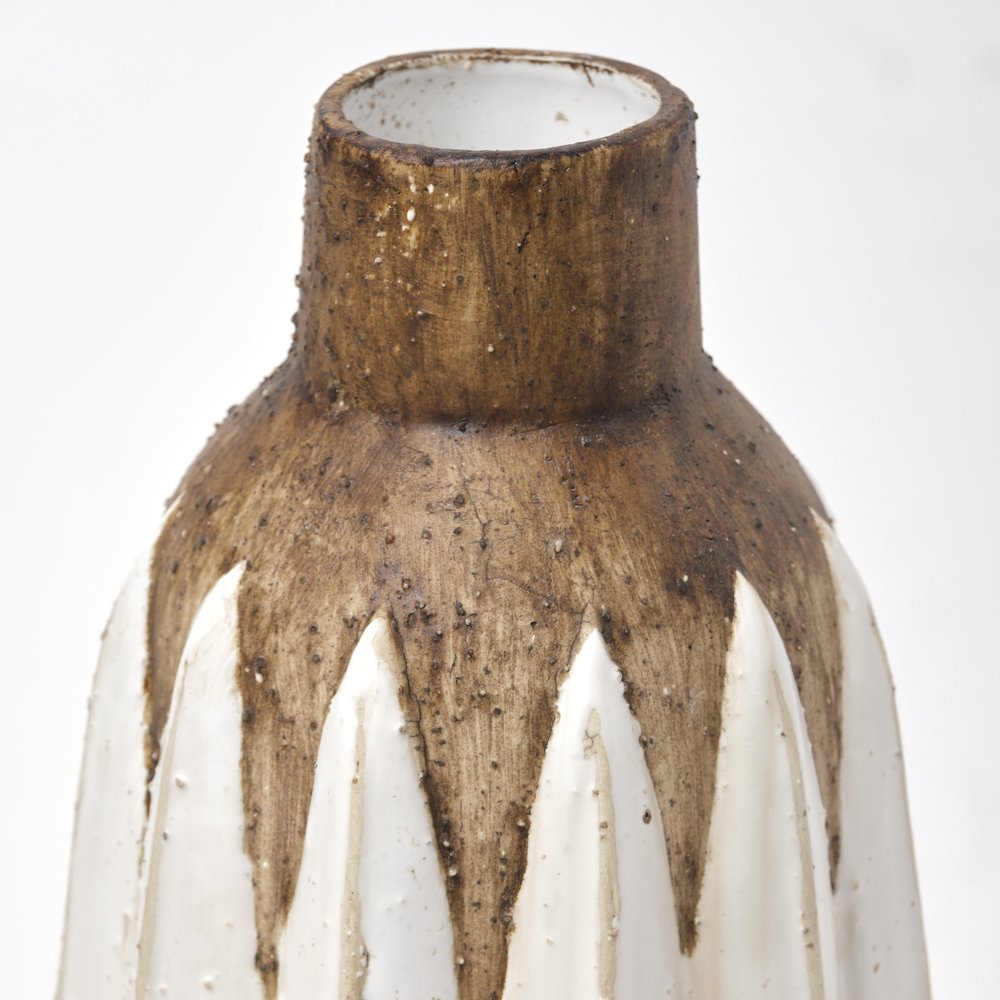 14" Brown And White Abstract Cylinder Ceramic Table Vase