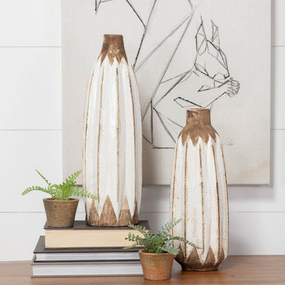 14" Brown And White Abstract Cylinder Ceramic Table Vase