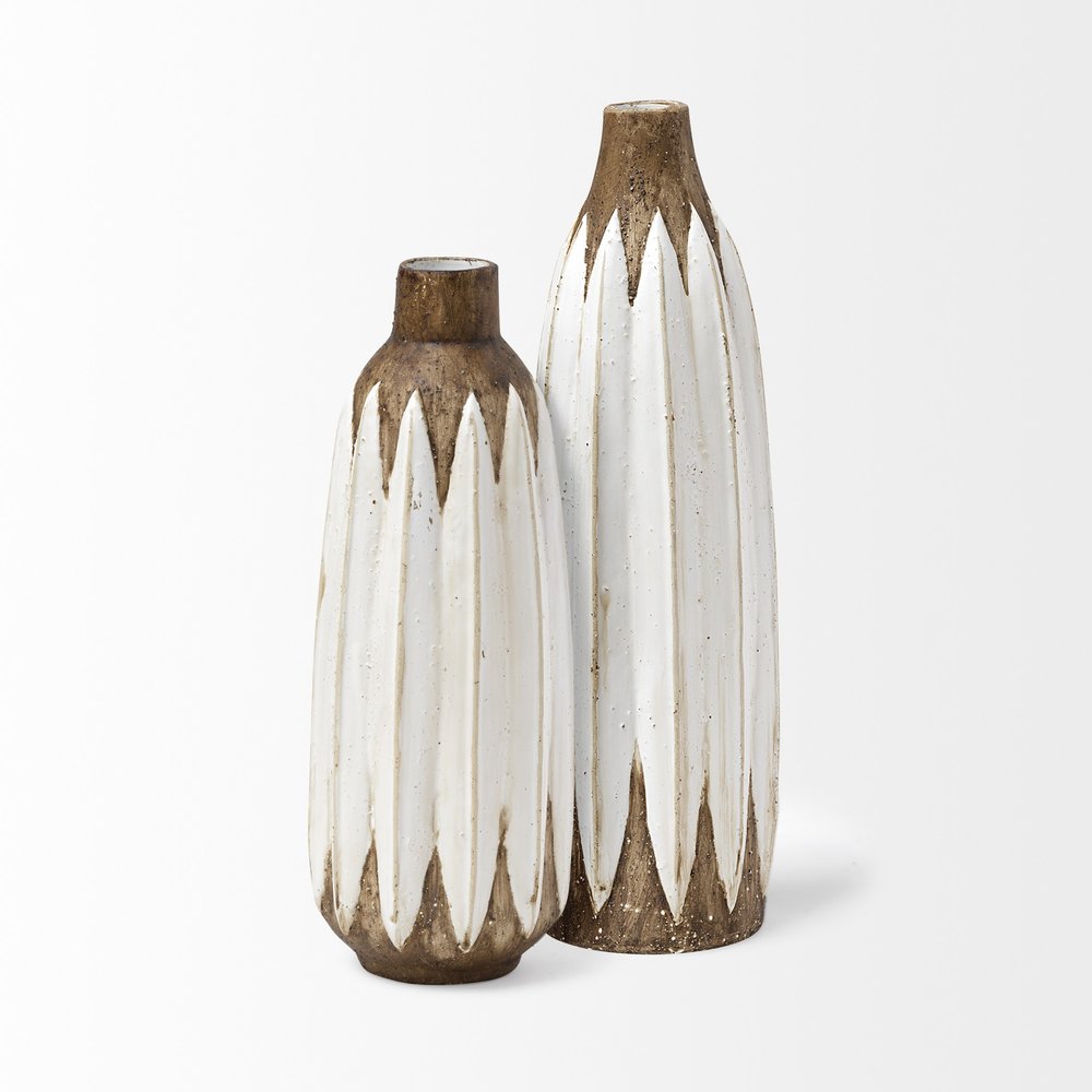 18" Brown And White Abstract Cylinder Ceramic Table Vase