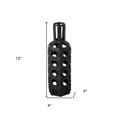 12" Black Ceramic Pierced Geometric Cylinder Table Vase