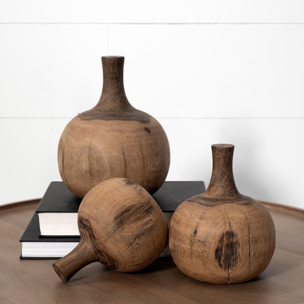 8" Brown Abstract Cylinder Solid Wood Table Vase