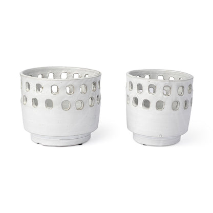 Set of Two White Abstract Cylinder Ceramic Table Vase